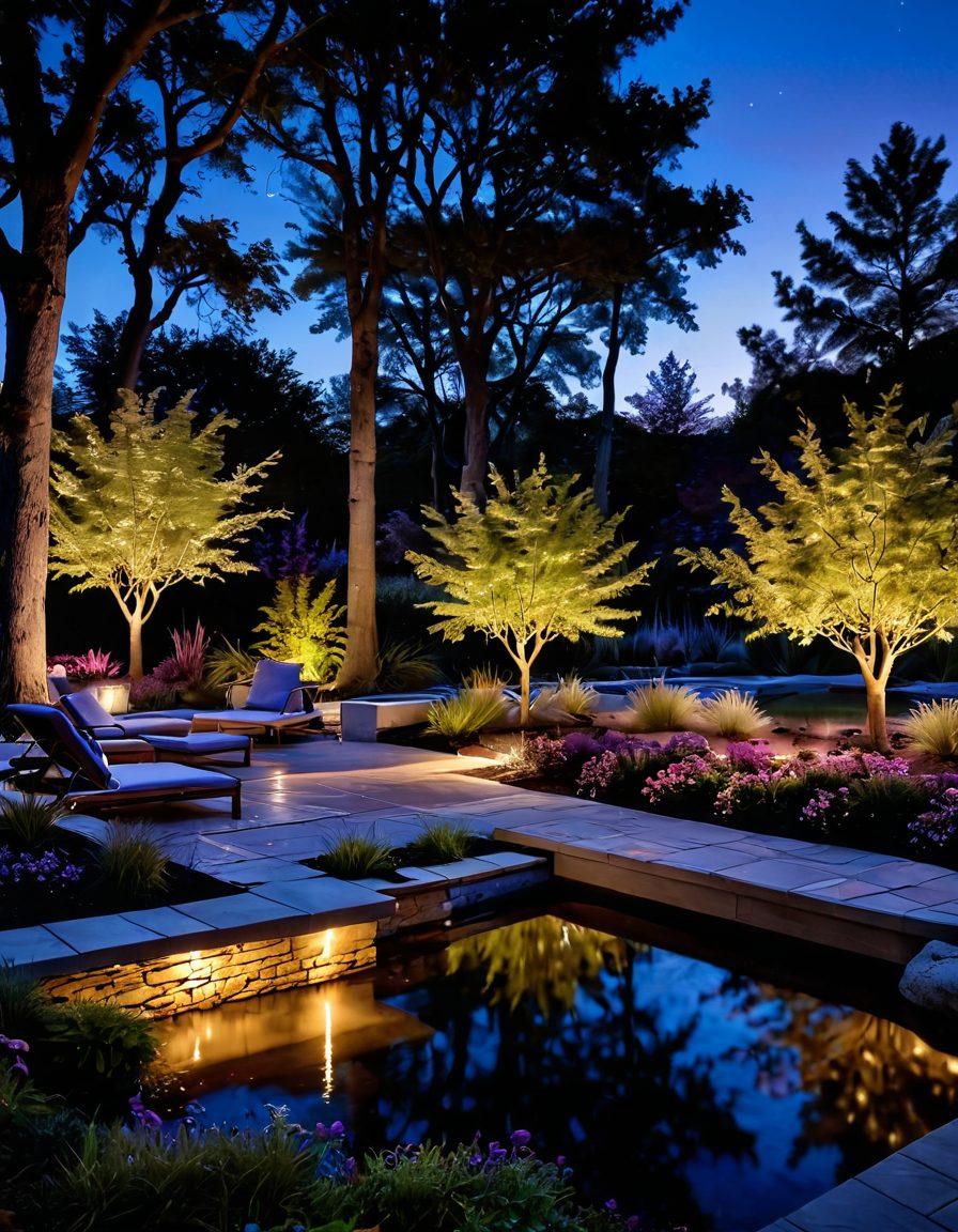 A beautifully illuminated outdoor landscape at twilight, showcasing smart lighting solutions highlighting trees, pathways, and a serene water feature. Include warm, inviting light accents on modern outdoor furniture, creating a cozy atmosphere. The sky should display a gradient of deep blues and purples, with twinkling stars above. A small group of people enjoying the ambiance adds life to the scene. super-realistic. vibrant colors. twilight setting.