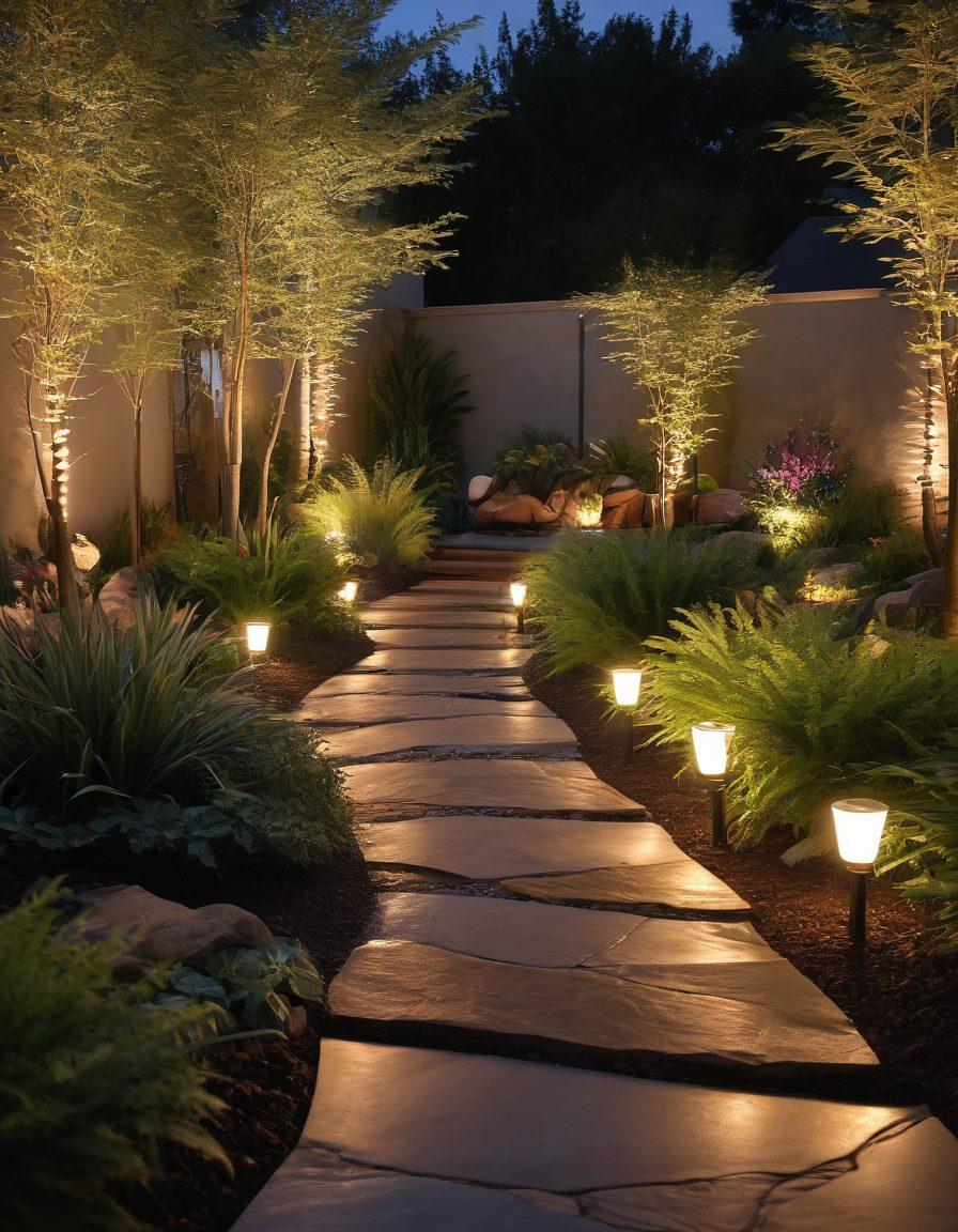A beautifully illuminated outdoor garden at dusk, showcasing various innovative FX Luminaire landscape lighting solutions, such as stylish path lights, elegant wall sconces, and subtle accent lights highlighting plants and trees, creating a magical atmosphere. Include a serene water feature reflecting the lights and a cozy seating area. super-realistic. vibrant colors. warm glow.