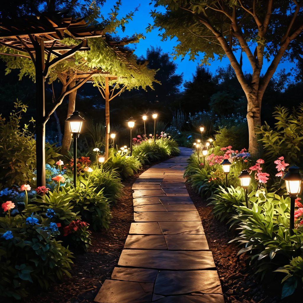A beautifully illuminated garden pathway at dusk, featuring a variety of decorative lights, glowing flower beds, and rustic lanterns lining the path, surrounded by lush greenery. The scene is inviting and enchanting, highlighting the interplay between light and nature. Soft rays of light illuminating the textures of the walkway, with twinkling stars in the clear blue sky. vibrant colors. super-realistic.